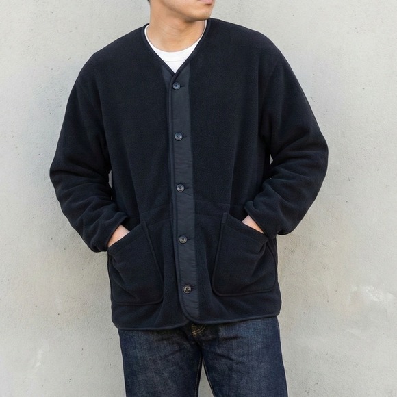 Uniqlo Engineered Garments Fleece Collarless Coat Mens Large Black Sherpa Jacket